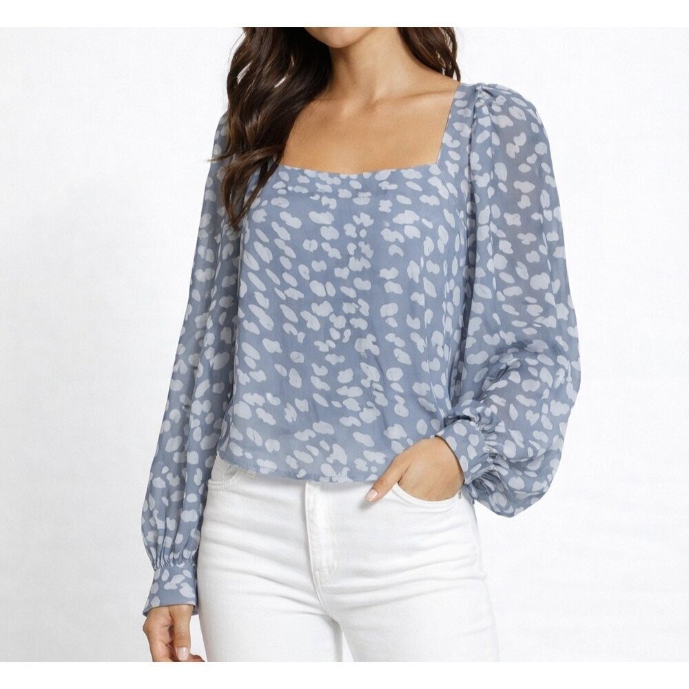 Lucca Square Neck Animal Print Blouse Long Sleeve Dusty Blue - Small